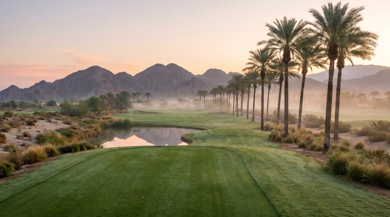 Tall palm trees beside a tranquil desert golf course with soft morning light