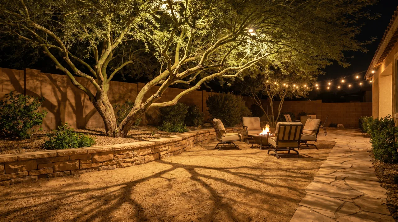 Warm downlighting from a palo verde tree casts branch shadows across decomposed granite and a stacked stone wall at night