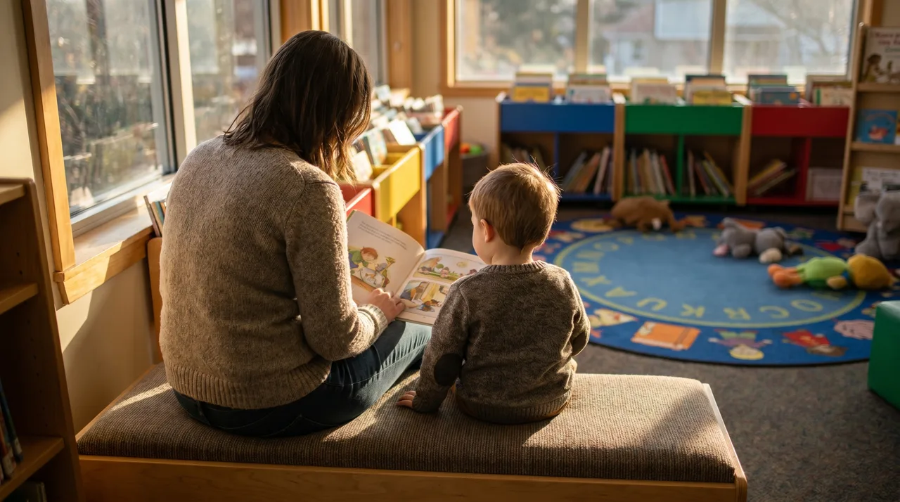Parent and child reading a book together in a library children's area