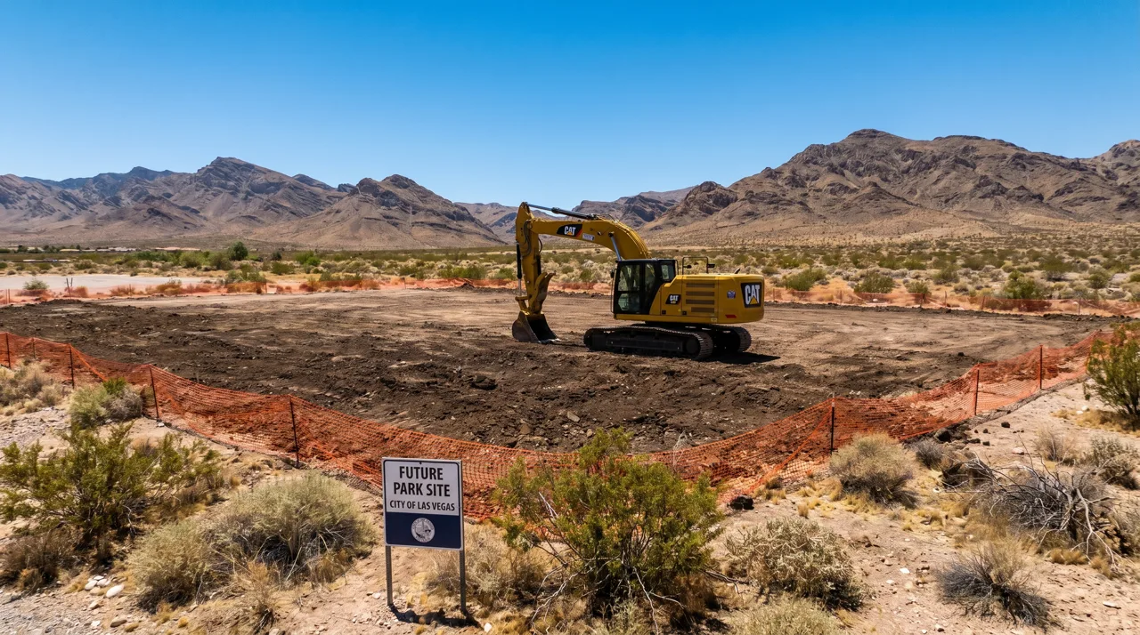 Park construction site with a single excavator on graded desert ground in Las Vegas