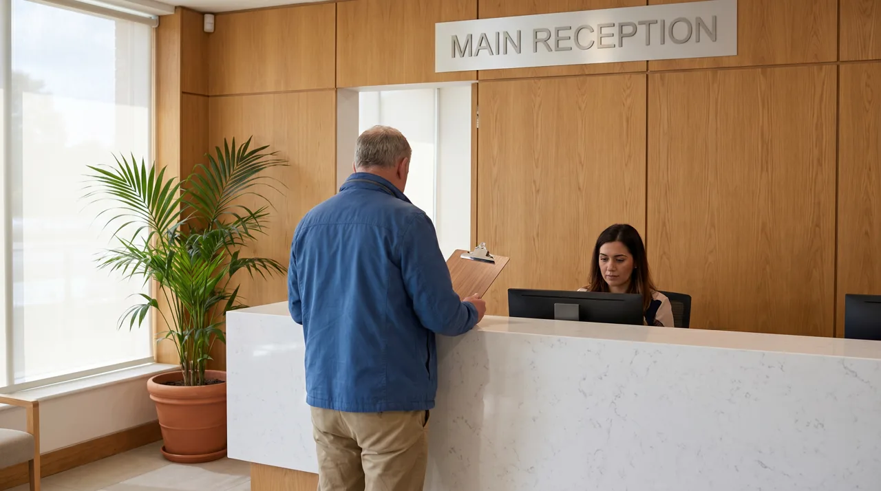 A patient checking in at a modern medical clinic reception desk in Las Vegas