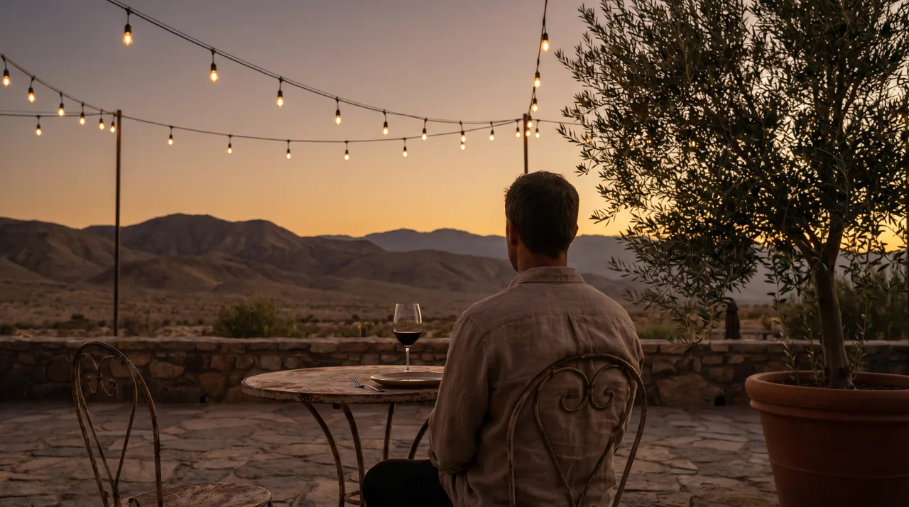 Person seated from behind dining at a small table on a Mediterranean-style patio at dusk