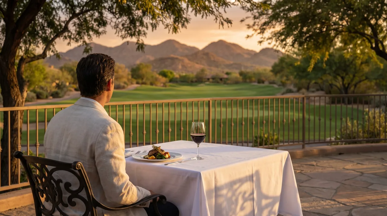 Diner seated on an outdoor patio overlooking a golf course with Las Vegas desert mountains at sunset