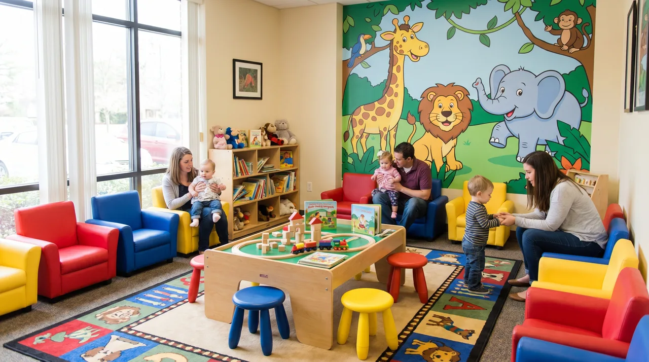 Brightly colored child-friendly waiting area in a pediatric doctor's office
