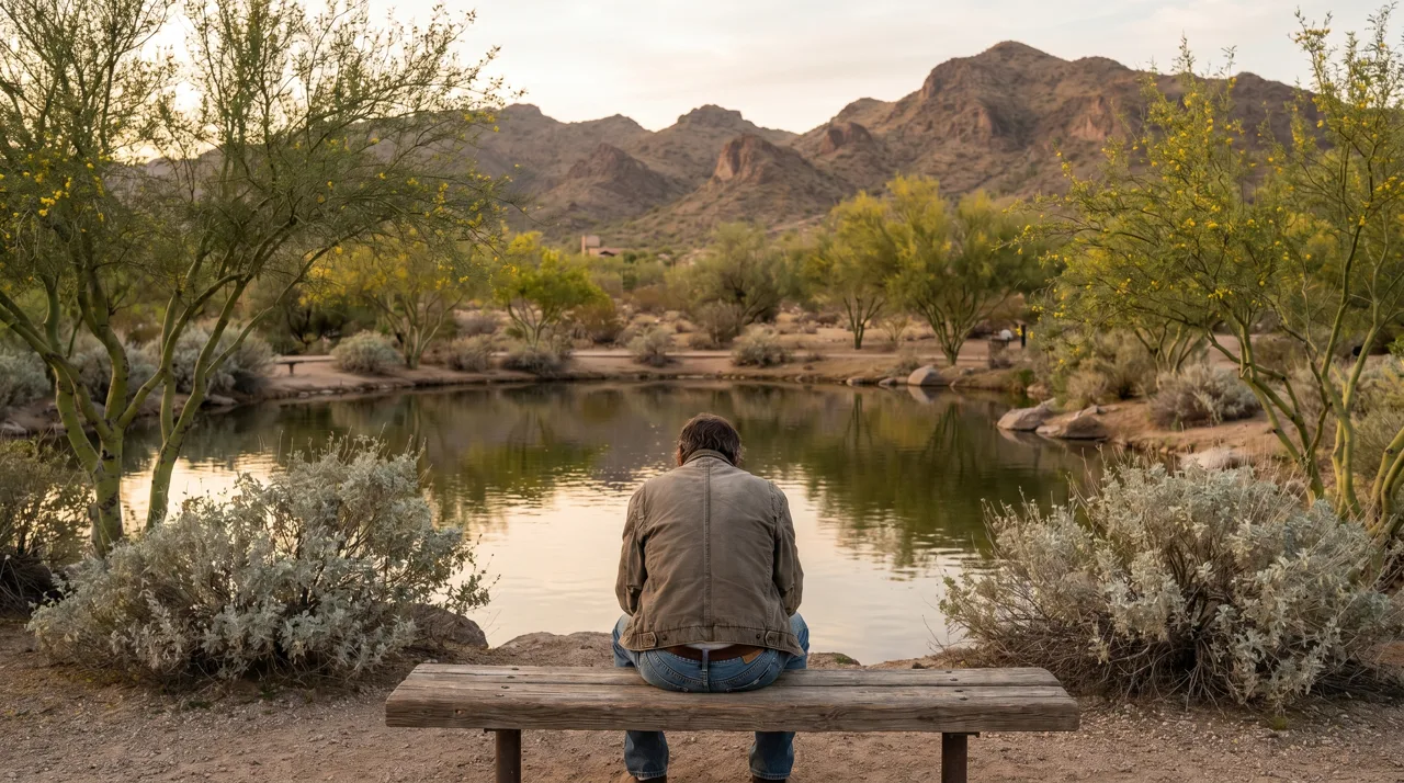 Person sitting on a wooden bench beside a small pond at a Las Vegas desert park