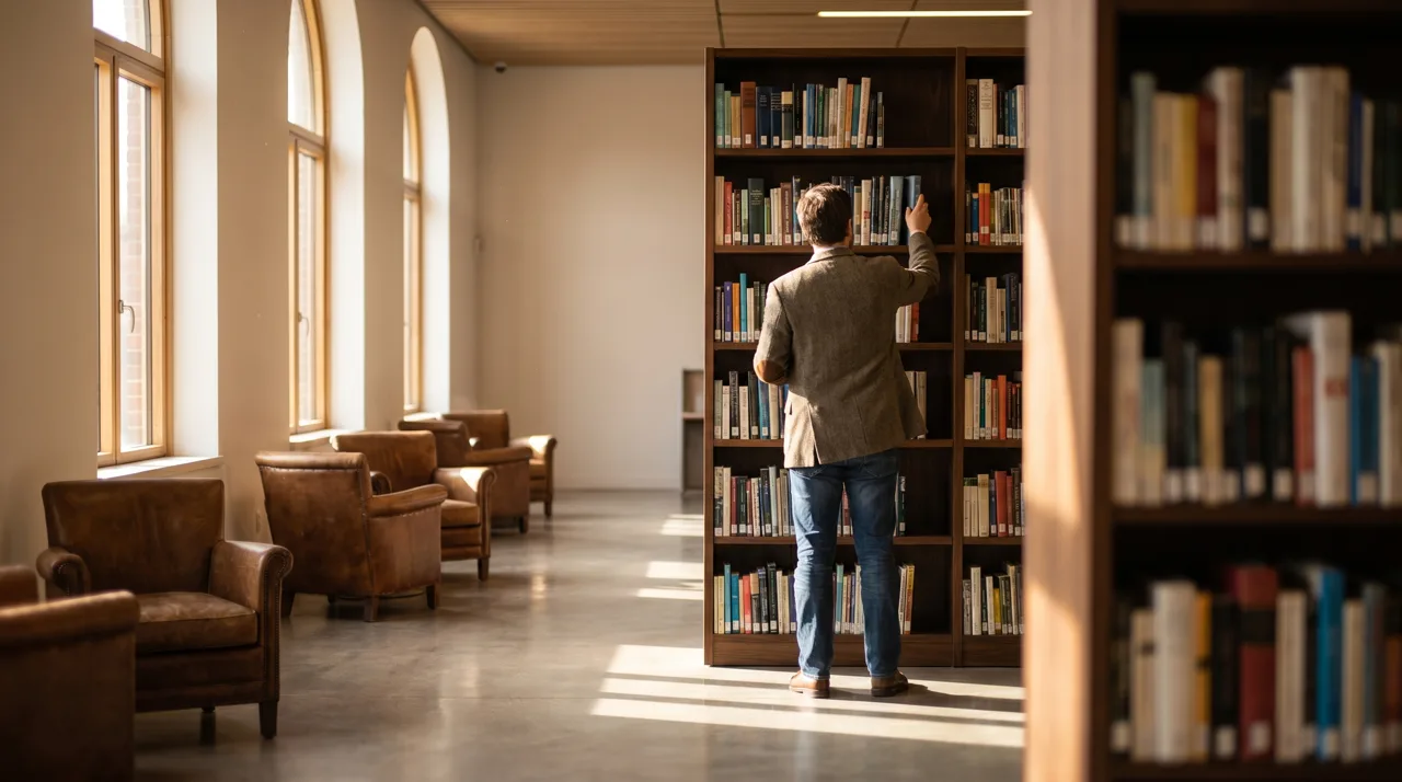 Person browsing books on a tall library shelf in quiet afternoon light