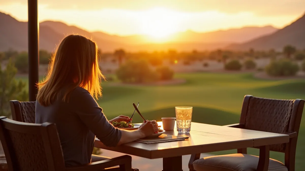 Person dining alone on patio overlooking Las Vegas desert golf course at sunset.