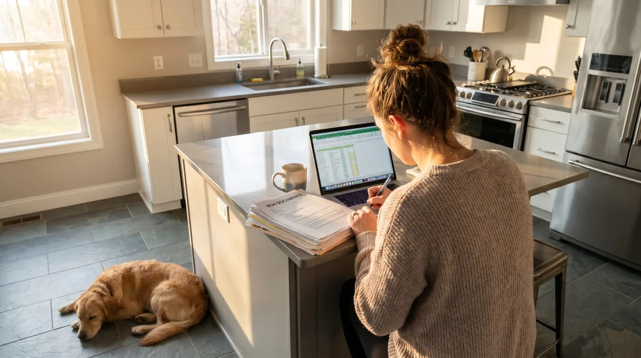 Person reviewing HOA documents at a modern kitchen counter with a dog resting on the floor nearby