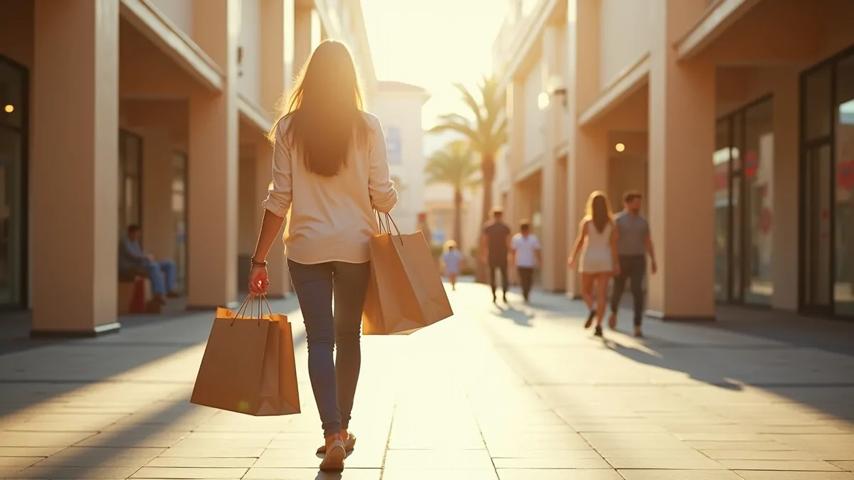 Person with shopping bags walking in Las Vegas desert shopping center, sunny day