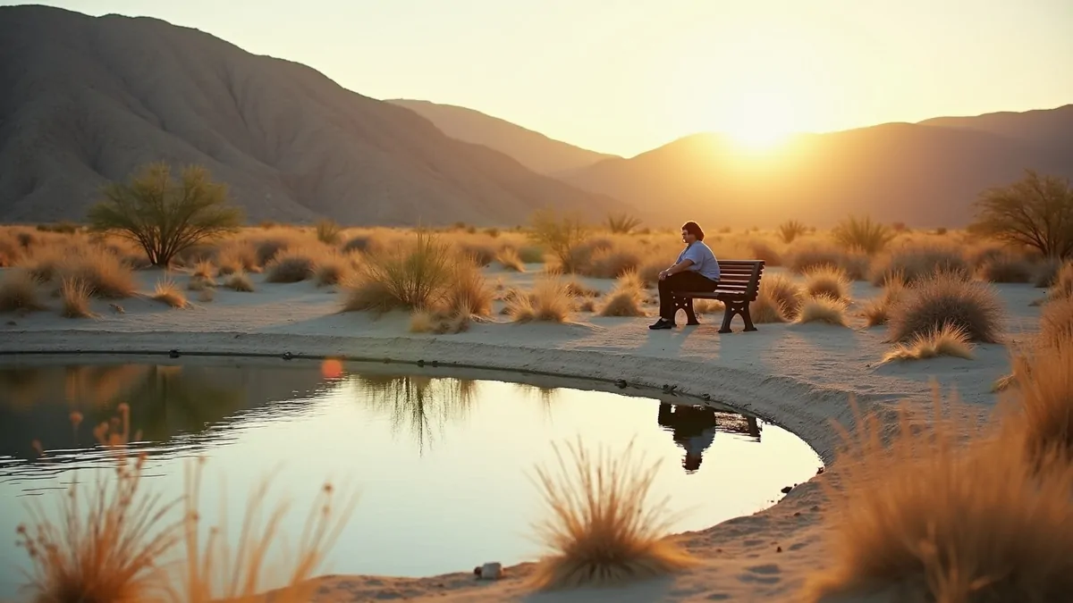 Person sitting on a bench by a pond in the Las Vegas desert landscape.