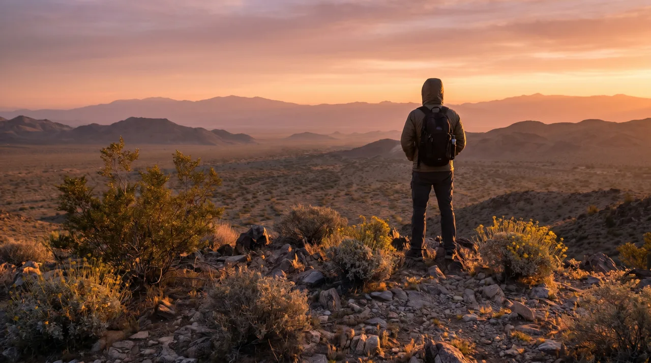 Person standing on a ridge admiring the sunrise over a tranquil desert landscape
