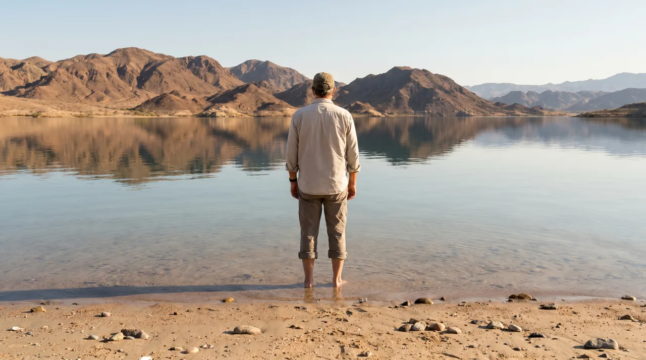 Person wading at a sandy lakeshore of a calm desert lake with mountains in the distance