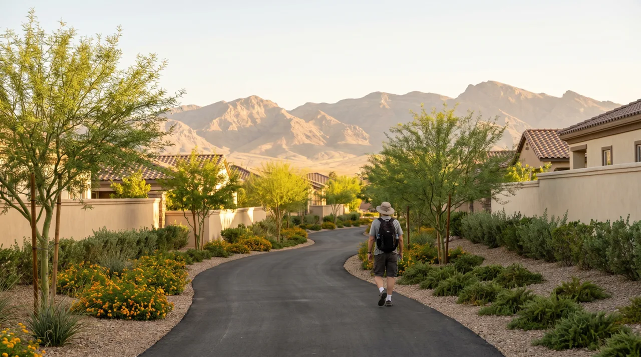 Person walking away from the camera on a quiet paved path through a desert luxury neighborhood