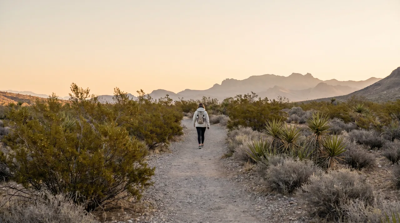 A person walking along a path in the Las Vegas desert landscape in the morning