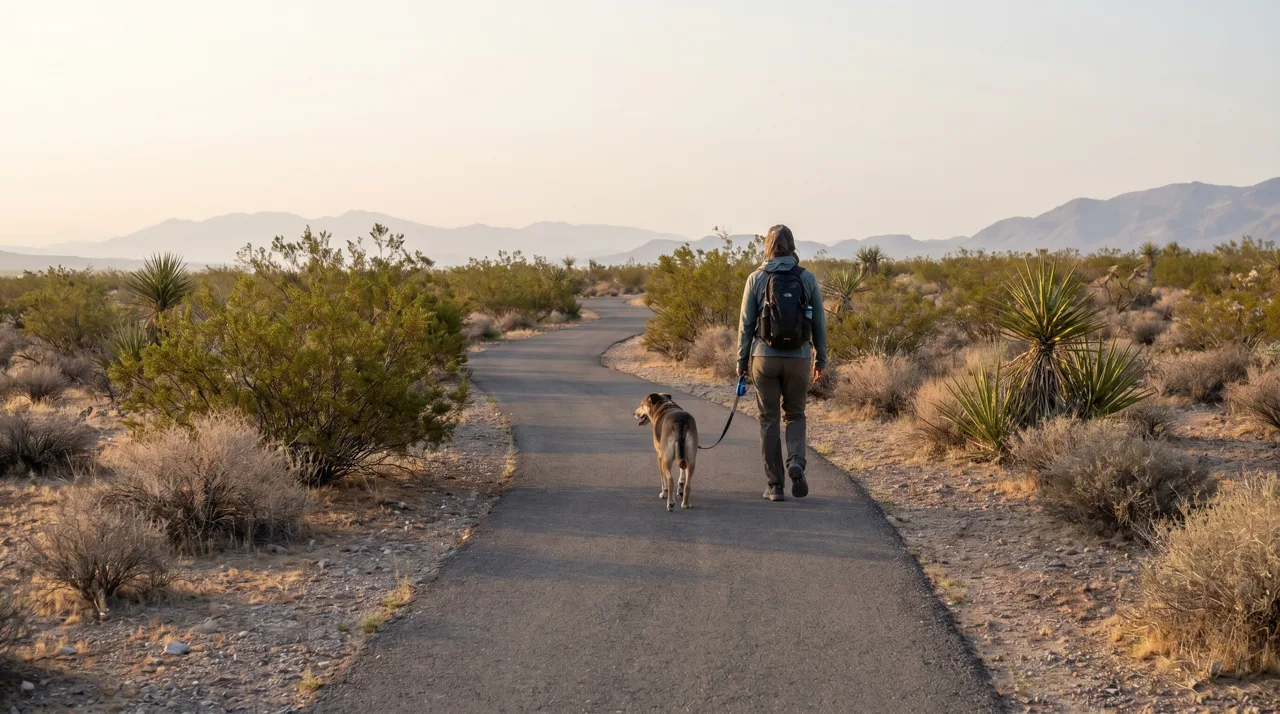 A person walking their dog along a community trail in the Northwest Las Vegas desert
