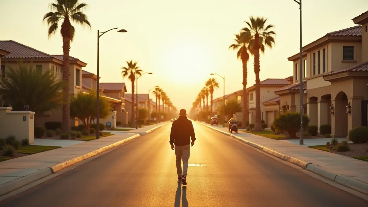 Person walking on a quiet street by desert luxury homes in afternoon light