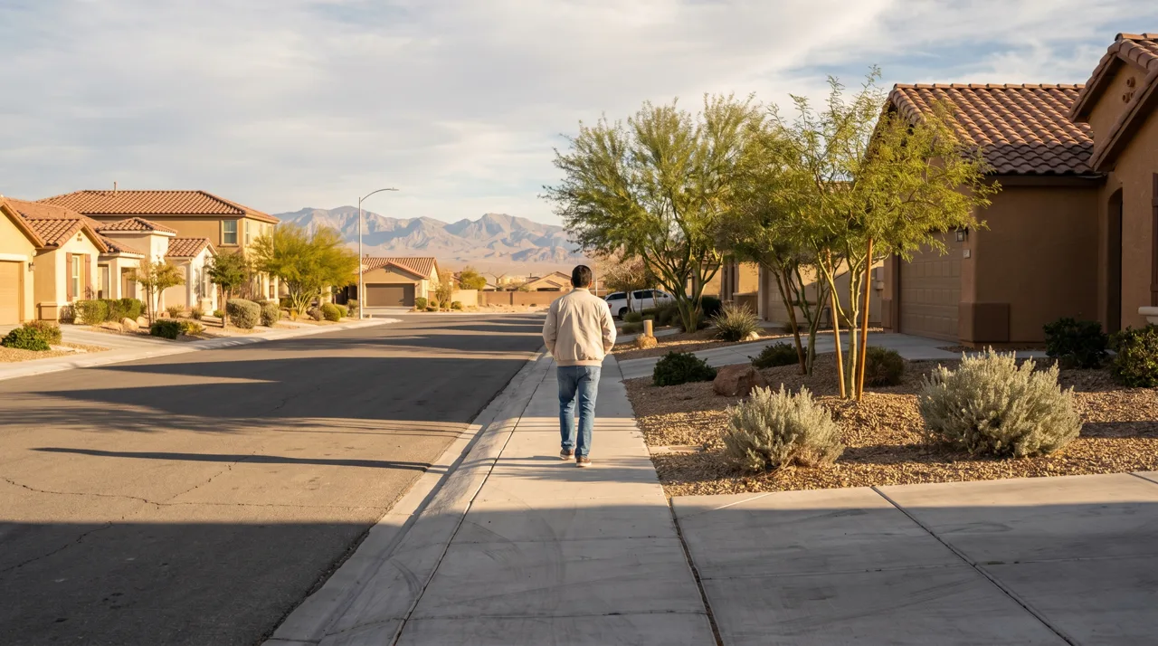A person walking along a sidewalk in a Las Vegas suburban neighborhood in the afternoon
