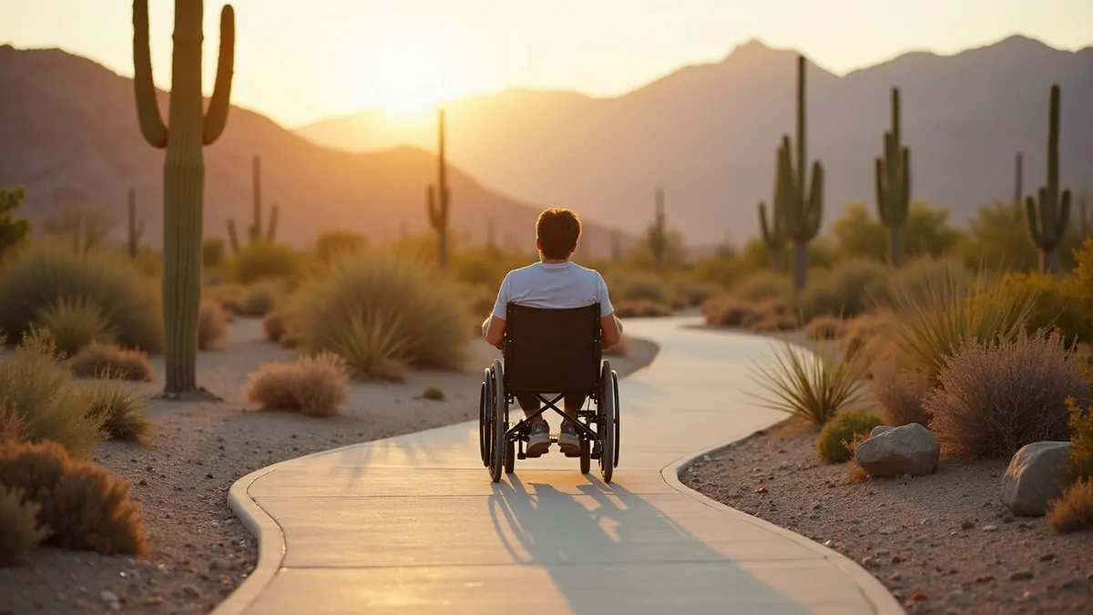 Person in wheelchair rolling along accessible path in desert park.