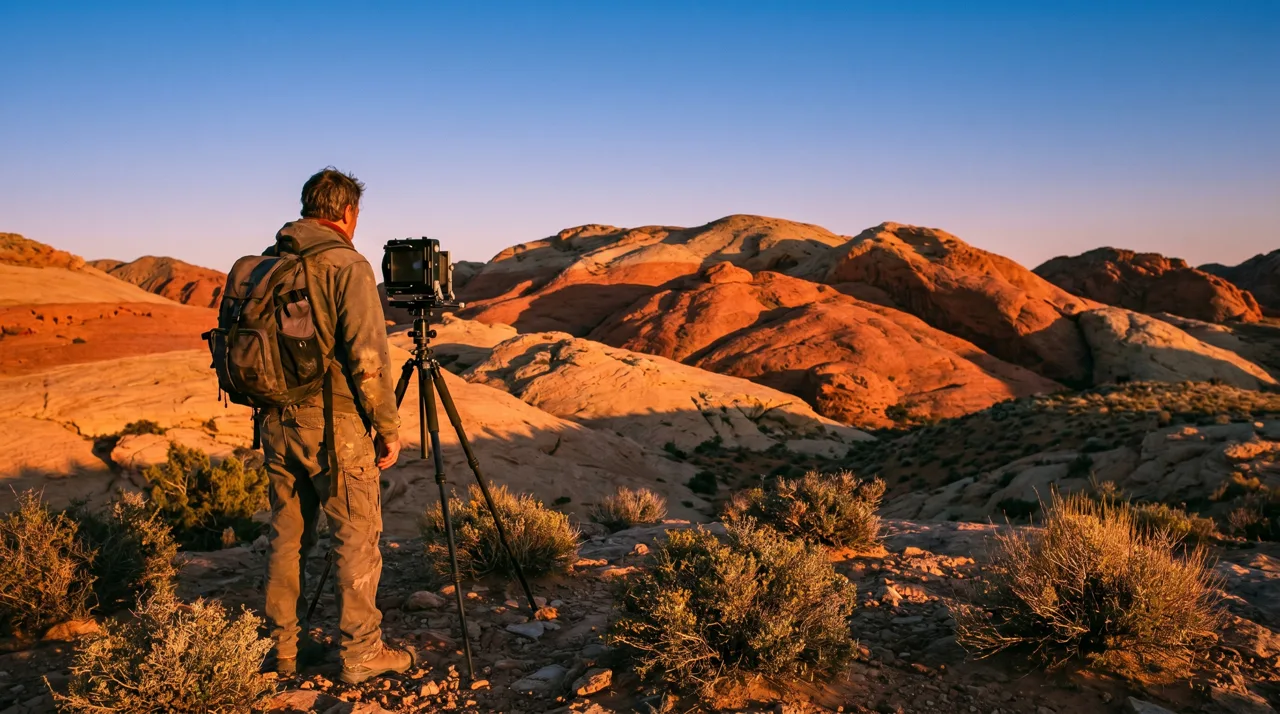 A landscape photographer with a tripod facing red desert hills at sunset near Las Vegas