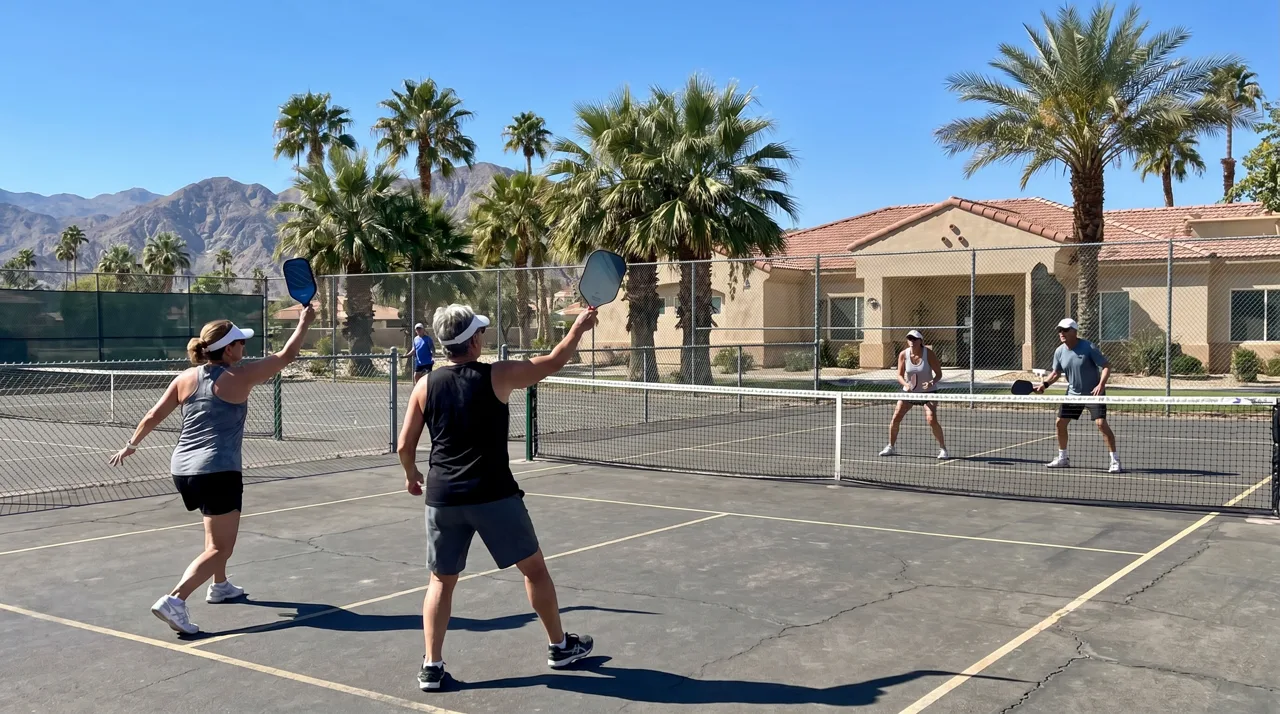 Adults playing pickleball on an outdoor community center court with palm trees in the background