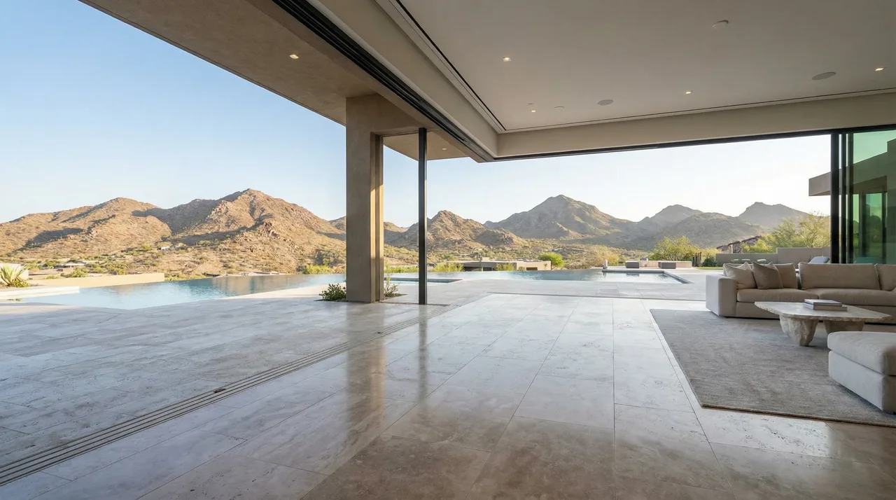 Pocketing glass wall opening from a luxury great room to an outdoor pool deck
