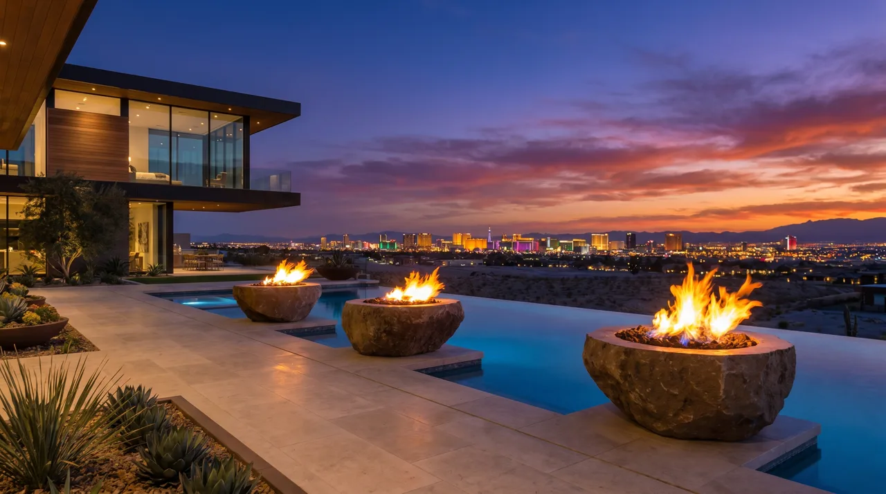 Luxury pool with fire bowls and the distant Las Vegas Strip skyline visible from a hillside Henderson home