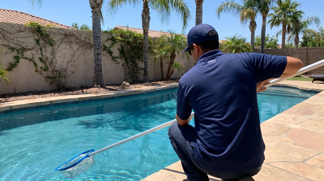Pool service technician using a long-handled net to clean a residential swimming pool