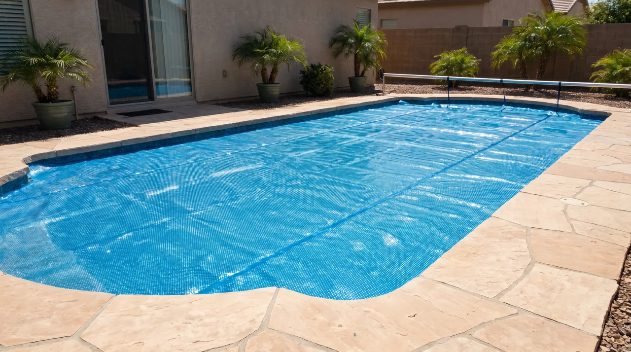 Residential swimming pool covered with a blue thermal solar cover stretched across the surface in a desert backyard