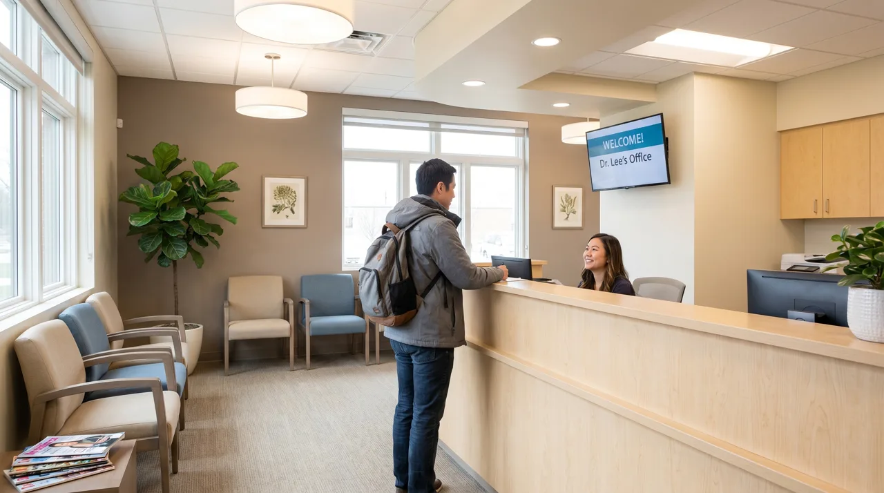 A patient checking in at the reception desk of a modern primary care doctor's office