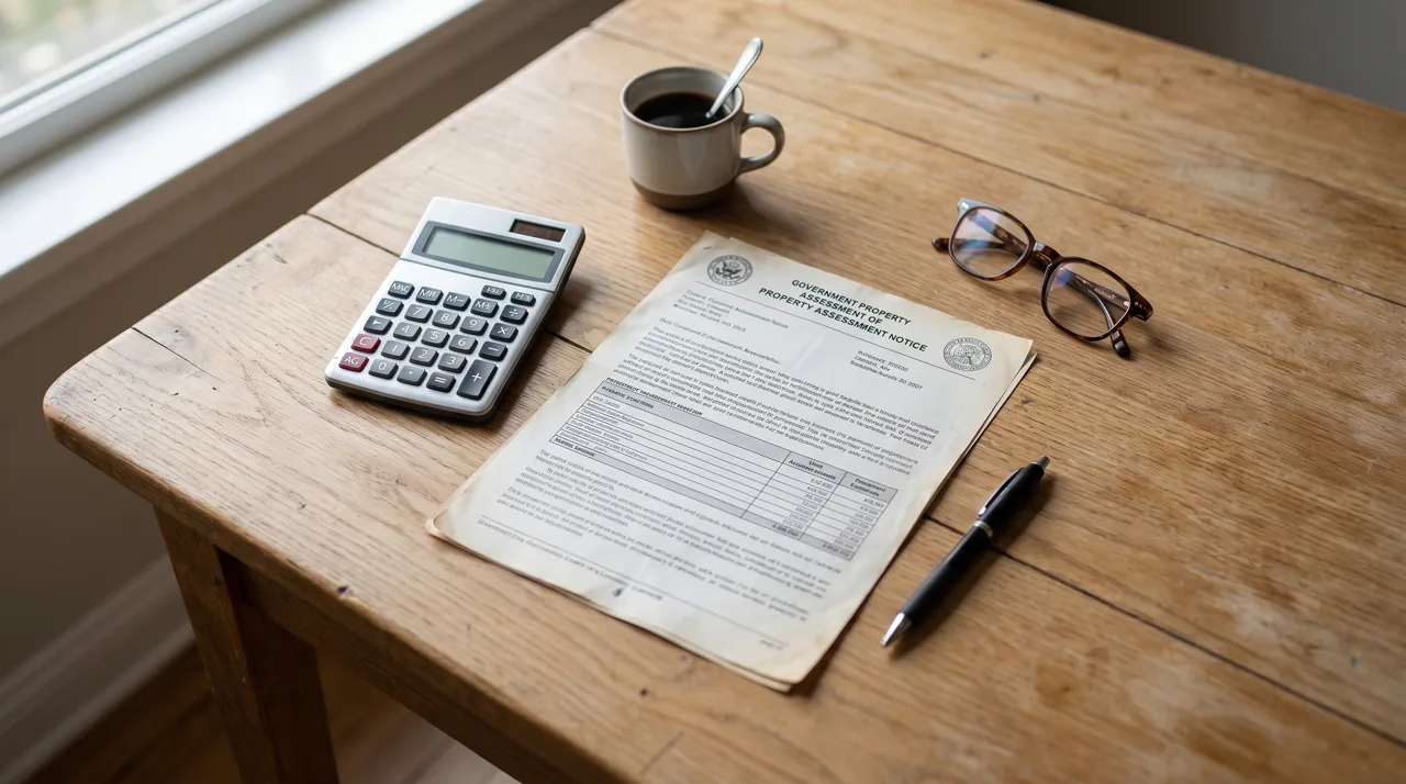 A property assessment notice on a desk next to a calculator and pen