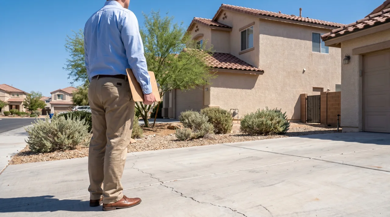 A property manager with a clipboard standing outside a Las Vegas rental home