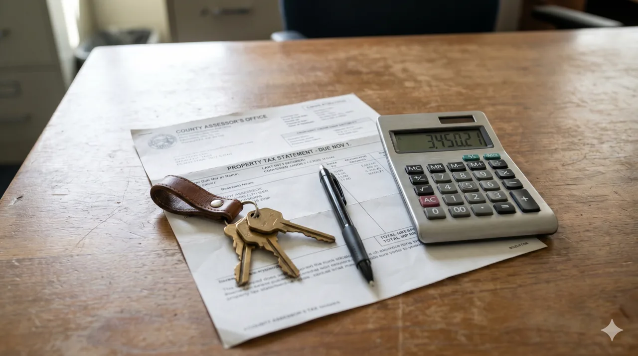 Close-up of a property tax bill with a calculator and house keys arranged on a wooden desk