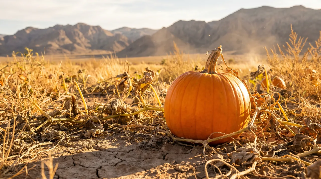 Bright orange pumpkin in a sunlit fall pumpkin patch with desert mountains in the background