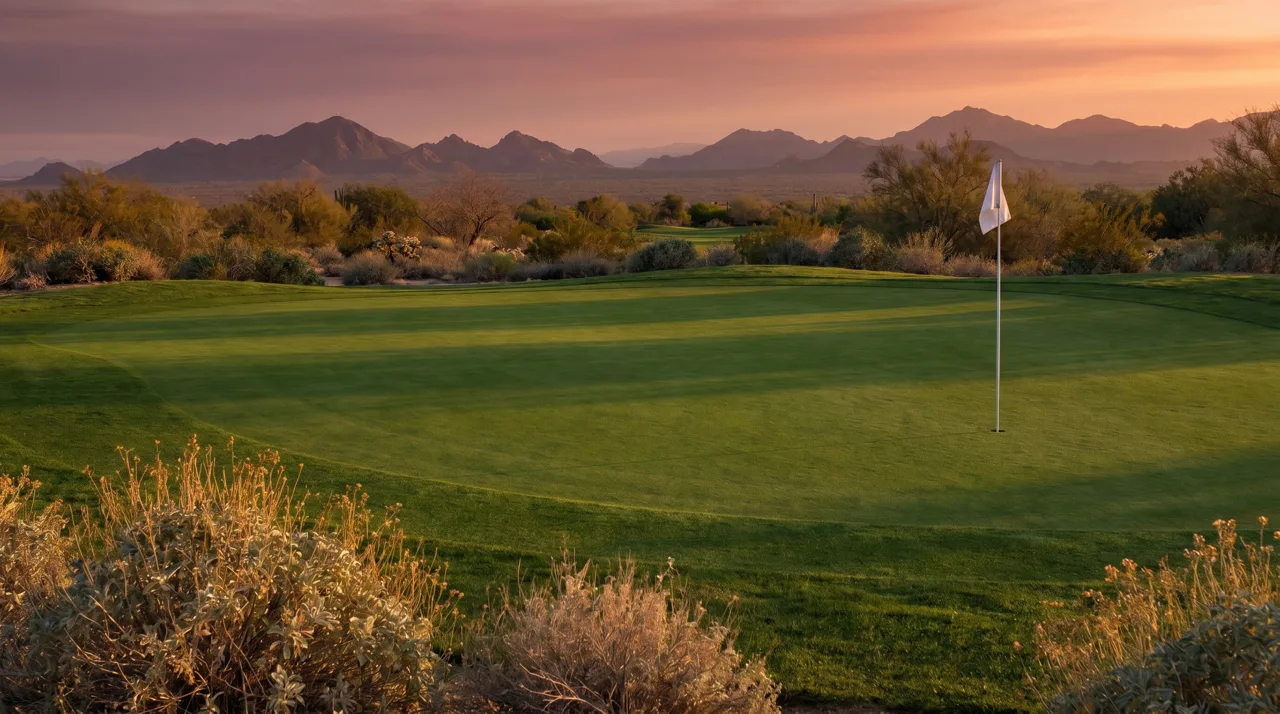 Empty putting green with a pin flag in a Las Vegas desert golf course at sunset