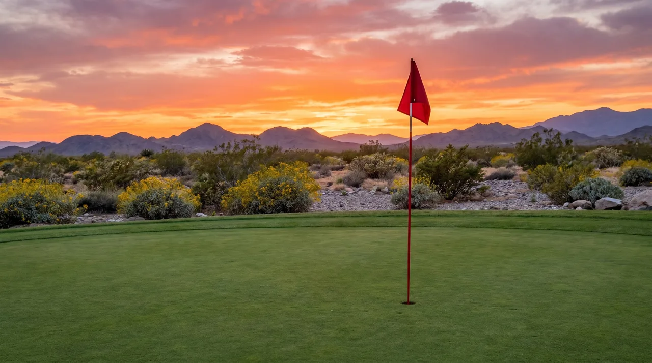 Manicured putting green with a single red flag in the cup against a Las Vegas desert sunset sky