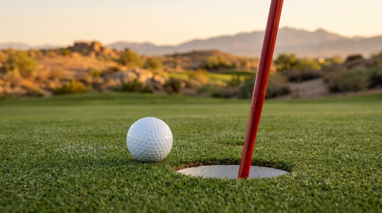 Close-up of a white golf ball resting beside the hole on a manicured putting green with a desert landscape blurred behind
