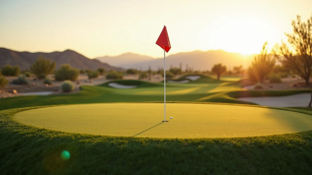 Putting green with single flag in Las Vegas desert at sunset