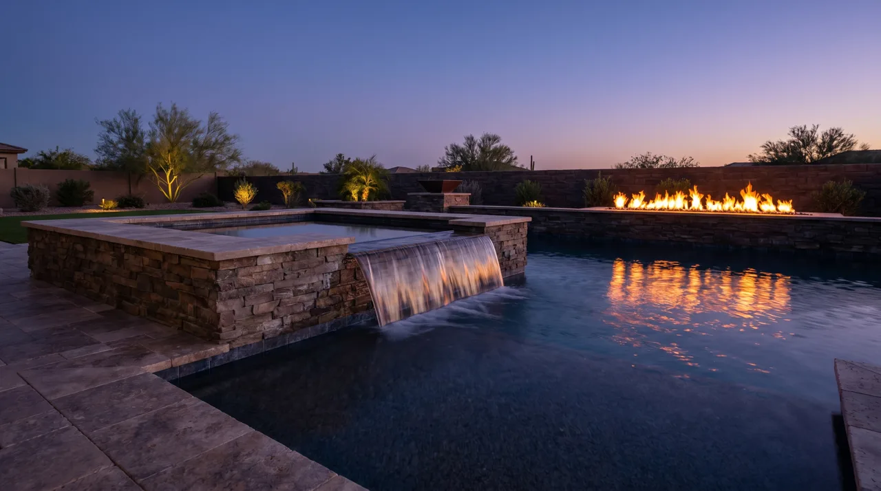 Raised spa overflowing into a dark-plaster pool with a glowing linear fire feature at the far edge