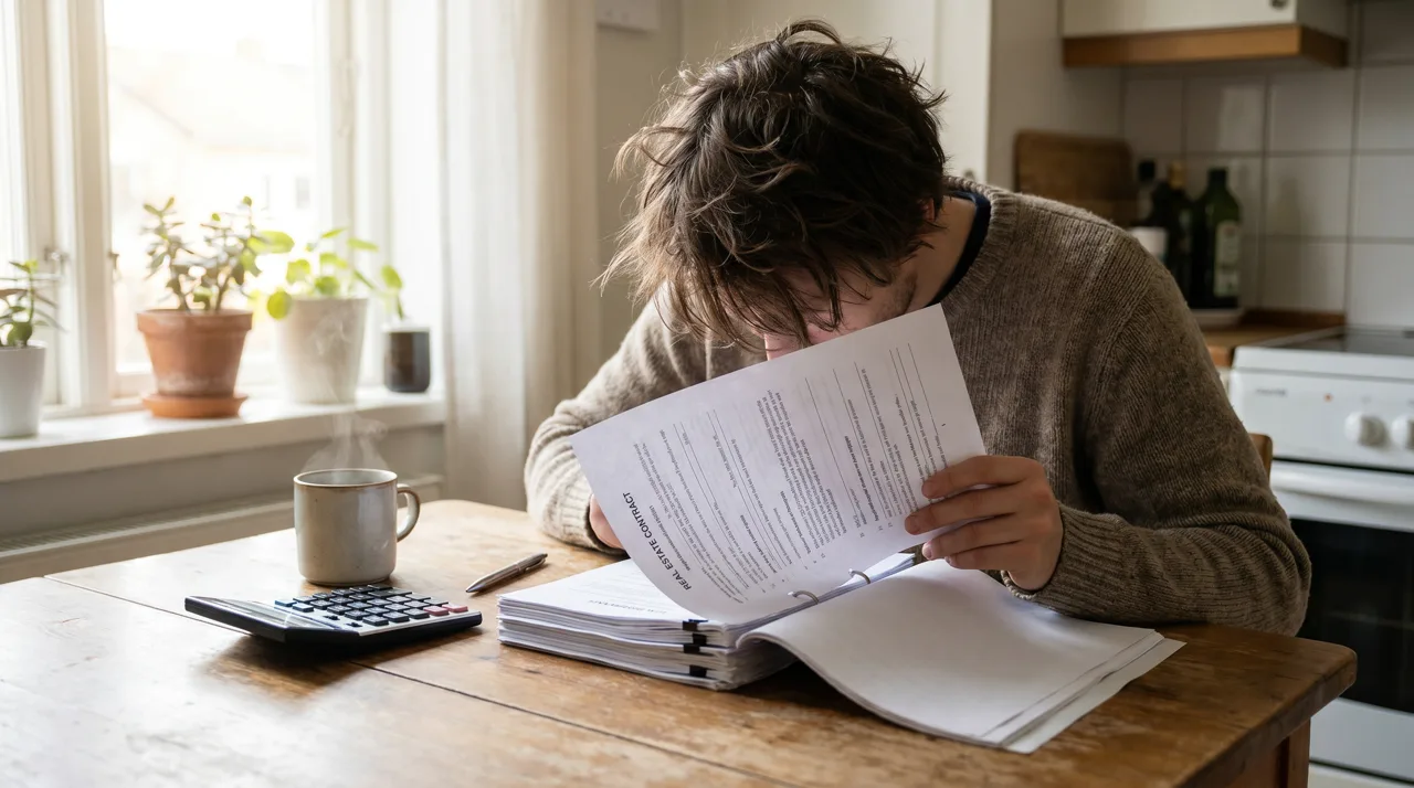 A person carefully reading a real estate contract at a kitchen table with a calculator nearby