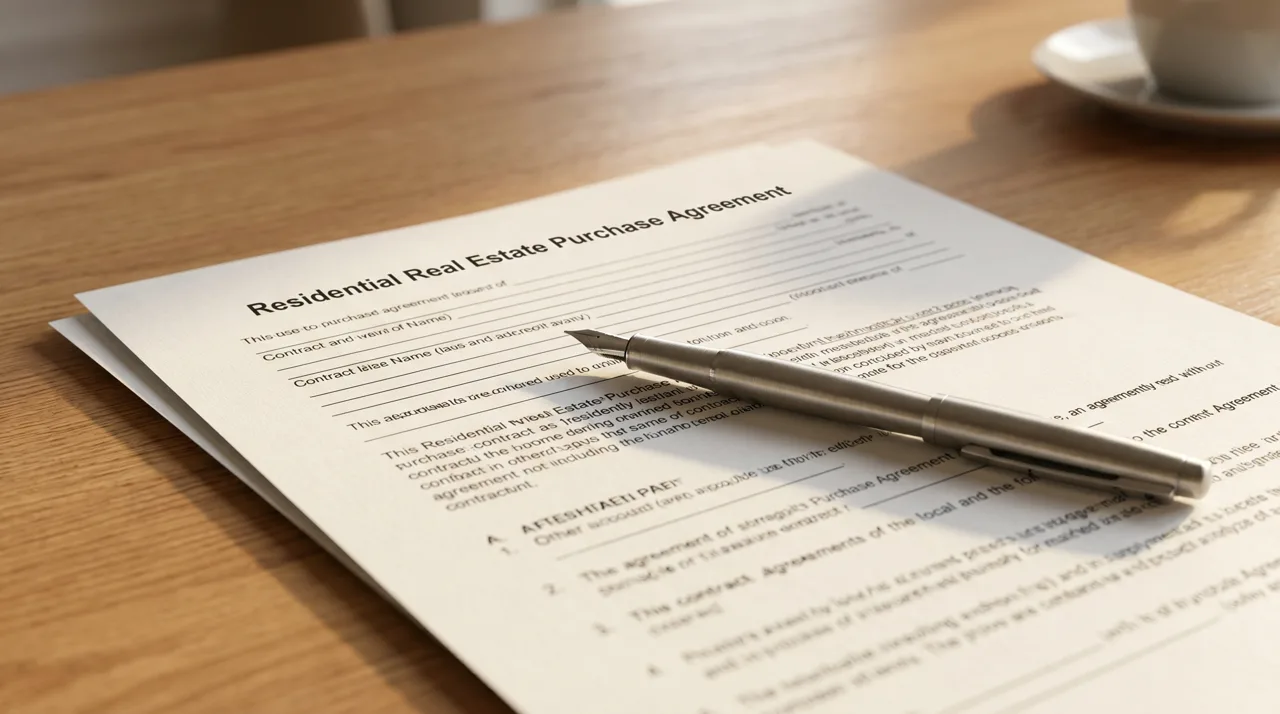 Close-up of a real estate contract document on a desk with a pen resting on top