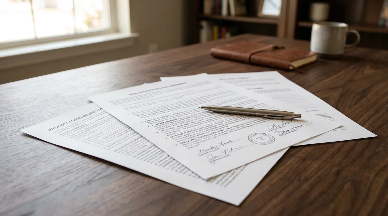 Close-up of real estate disclosure forms and a contract spread across a desk with a pen