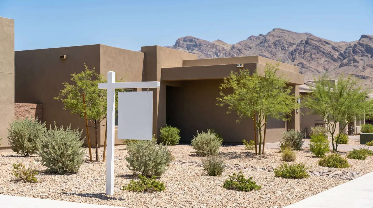 Real estate sign in front of a Las Vegas suburban home with mountains in the background