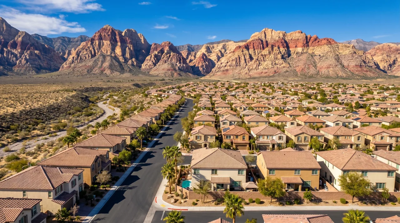 Red Rock Canyon's red sandstone formations with a Las Vegas suburban neighborhood of stucco homes in the foreground