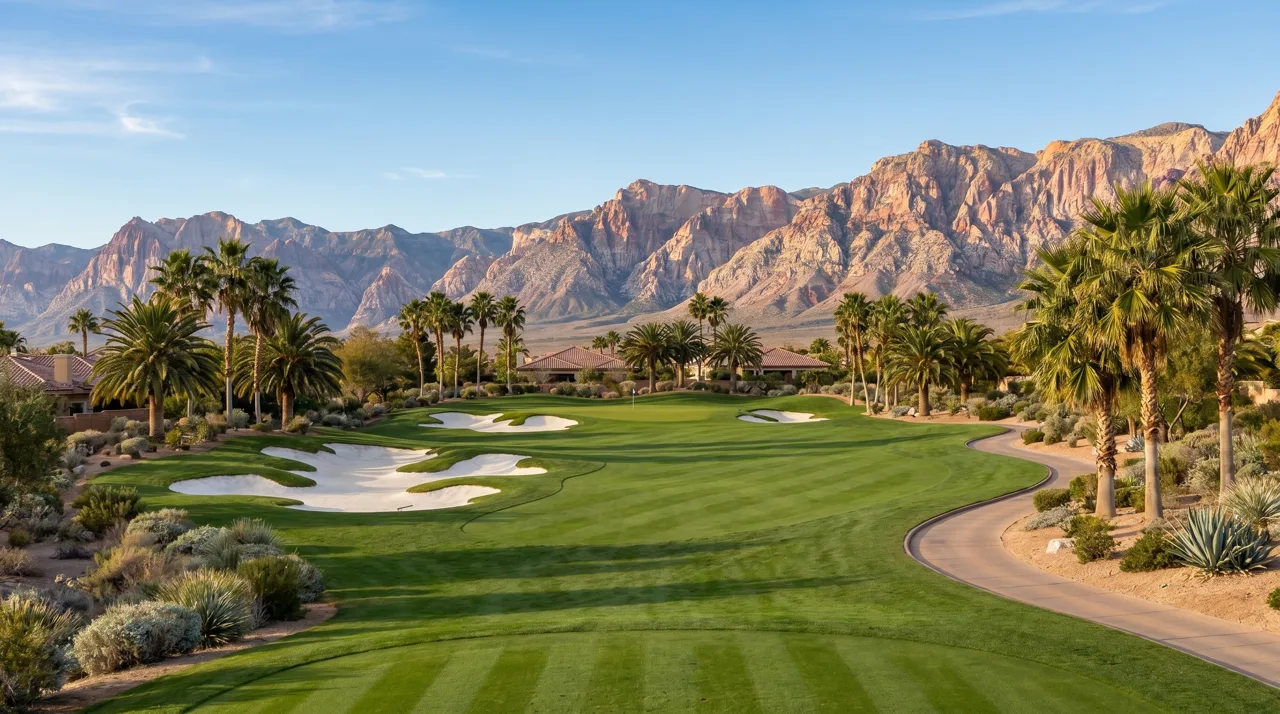 Fairway at Red Rock Country Club Arnold Palmer designed golf course with sand bunkers and mountain views