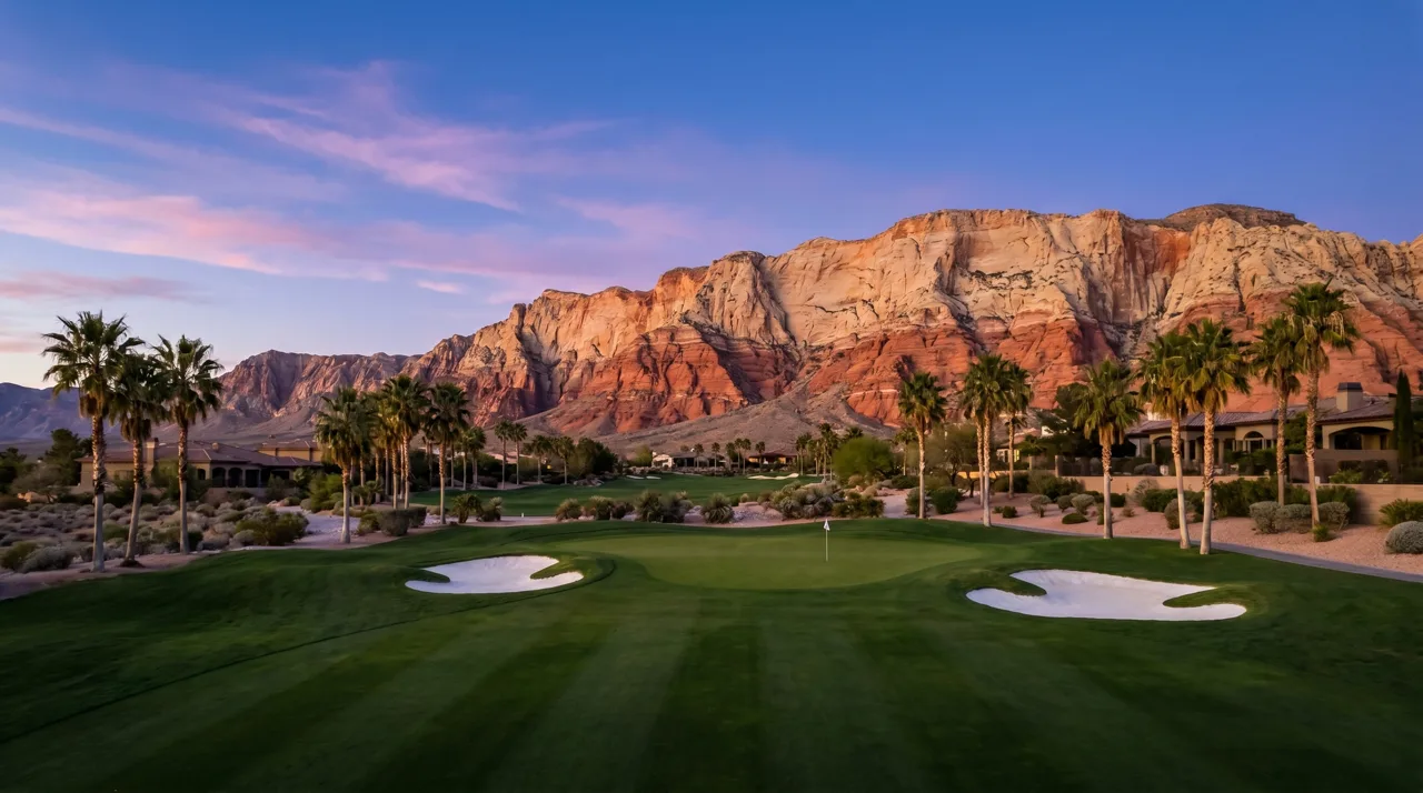 Red Rock Country Club golf course in Summerlin Las Vegas with Red Rock Canyon mountains in the background at sunset