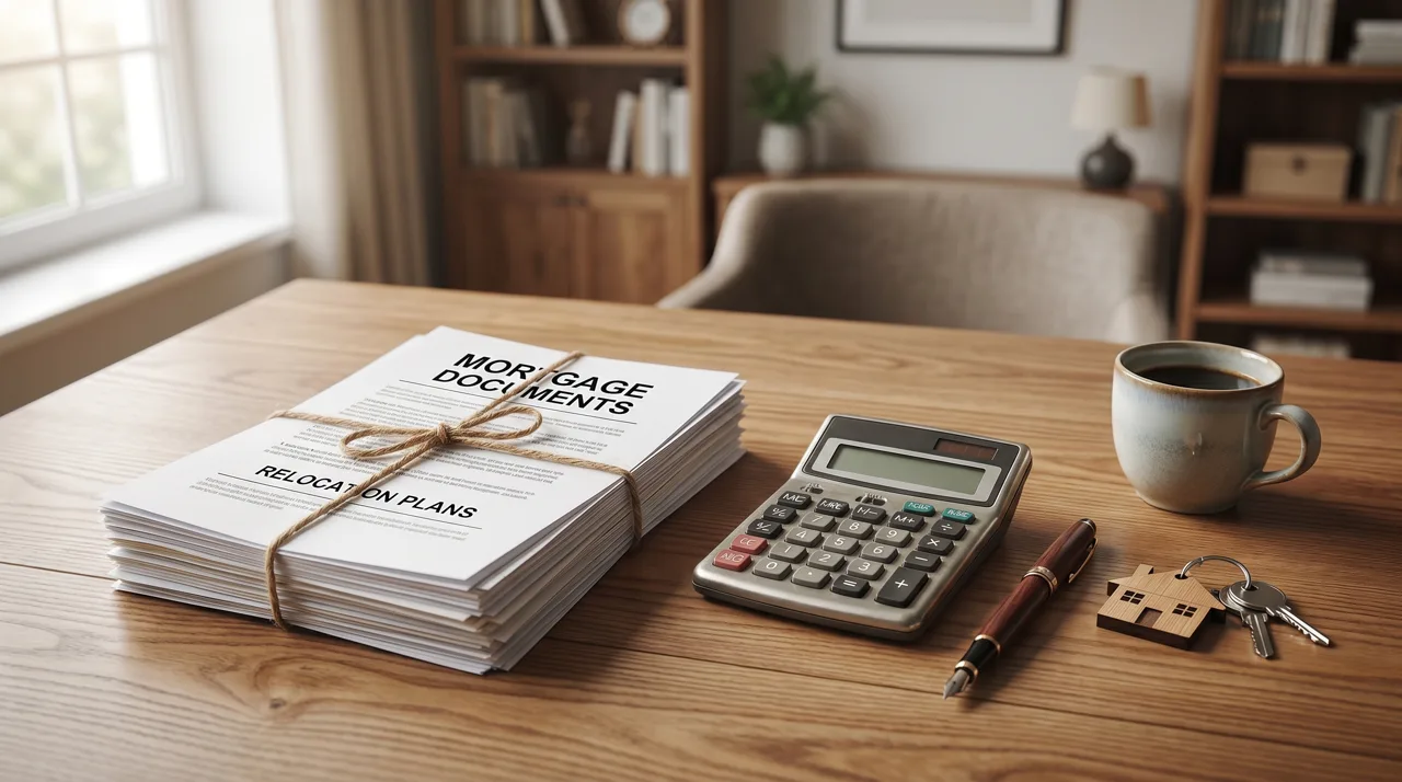 Mortgage paperwork, calculator, and documents on a wooden desk representing relocation planning