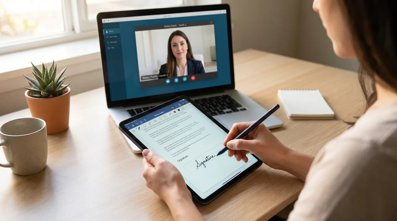 Person at home signing on a tablet with a stylus during a remote online video notarization session
