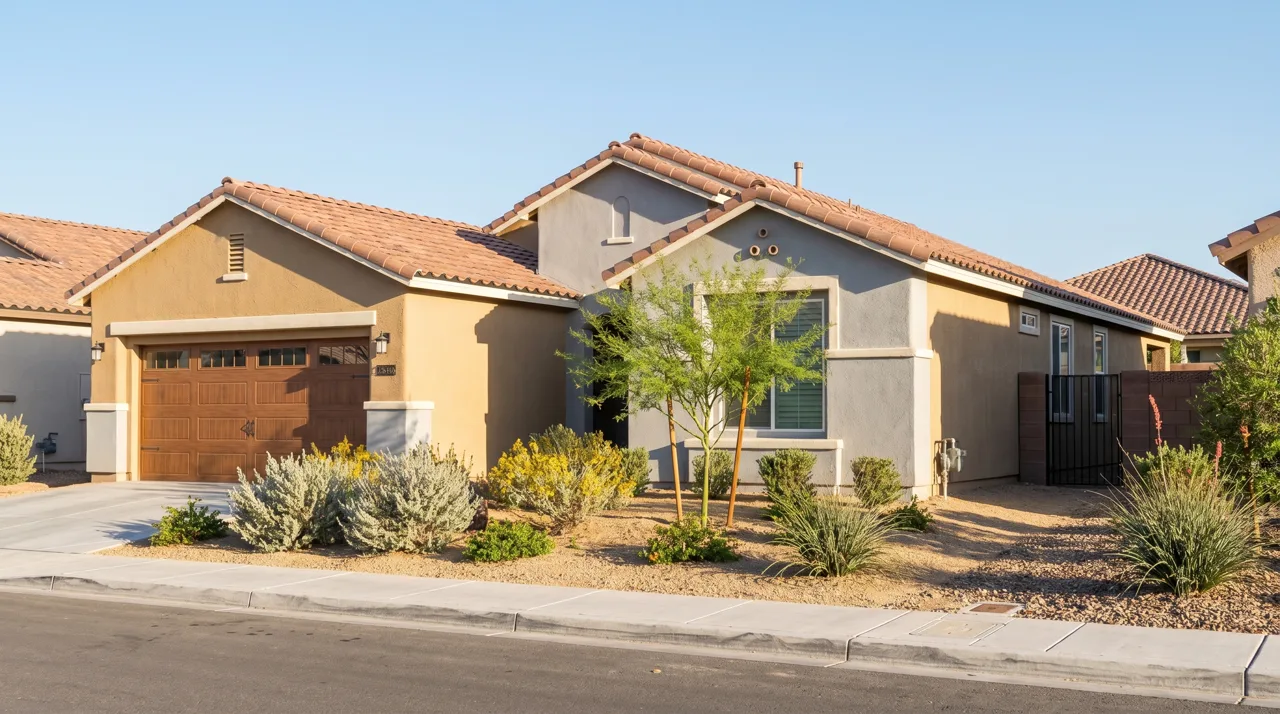 Street-level view of a recently renovated single-family home in a Las Vegas suburb with desert landscaping in the front yard