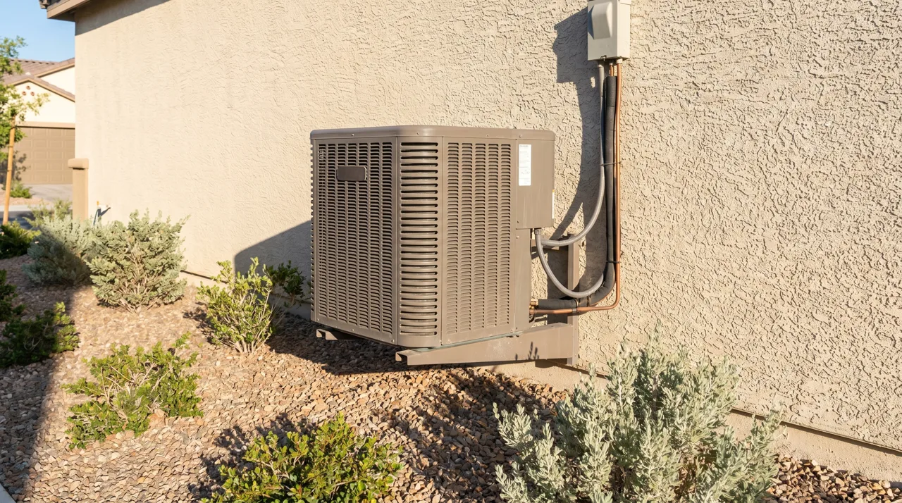 Residential air conditioning condenser unit installed on the side of a Las Vegas home with desert landscaping