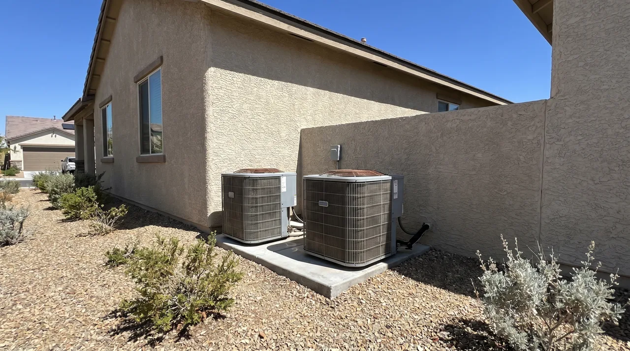 Residential air conditioning condenser units beside a Las Vegas home under bright desert sun